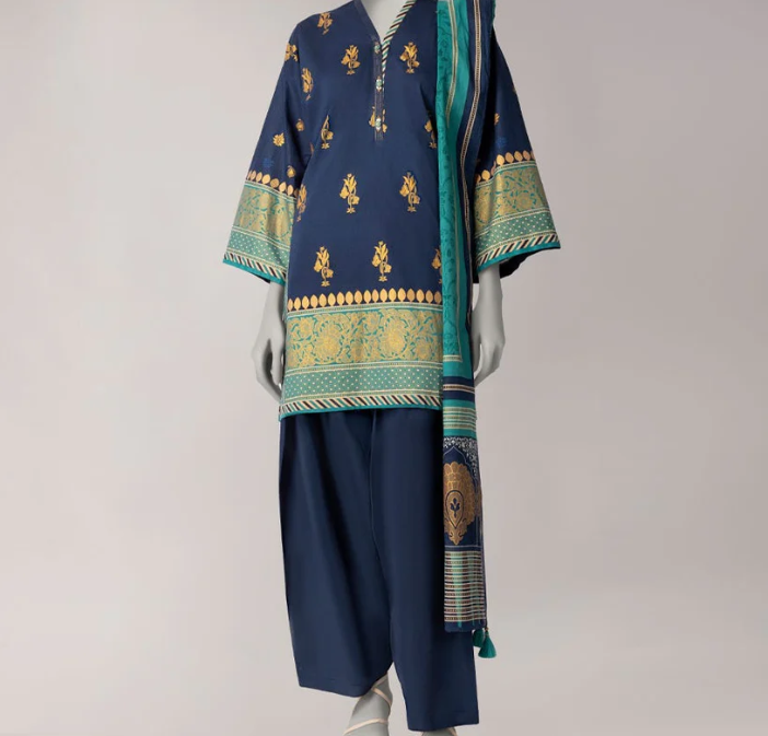 blue lawn gold printed stitched 3pc