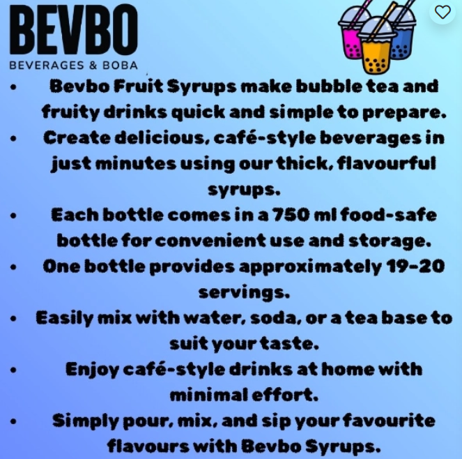 Bevbo Orange Syrup For Bubble Tea And Fruity Drinks | 750ml Food-Safe Bottle | Bubble Tea Supply Pakistan