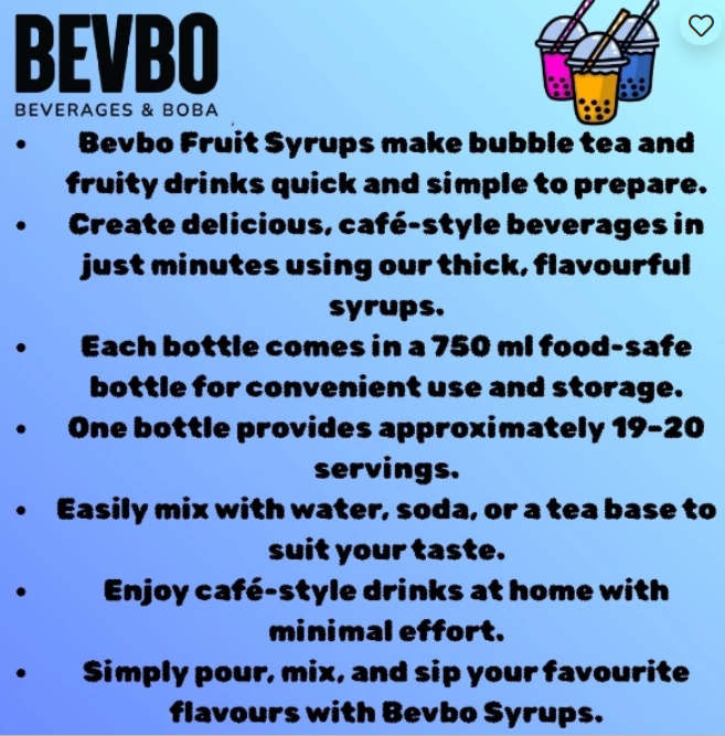 Bevbo Mango Syrup For Bubble Tea And Fruity Drinks | 750ml Food-Safe Bottle | Bubble Tea Supply Pakistan