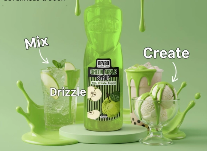 Bevbo Green Apple Syrup For Bubble Tea And Fruity Drinks | 750ml Food-Safe Bottle | Bubble Tea Supply Pakistan