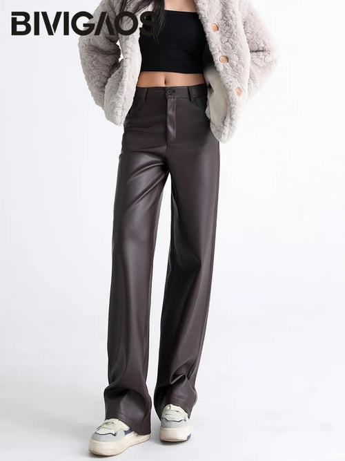 BIVIGAOS Fall Winter Fleece Loose Wide Leg Warm Leather Pants Women Button Pocket High Waist Thick PU Casual Straight Pants